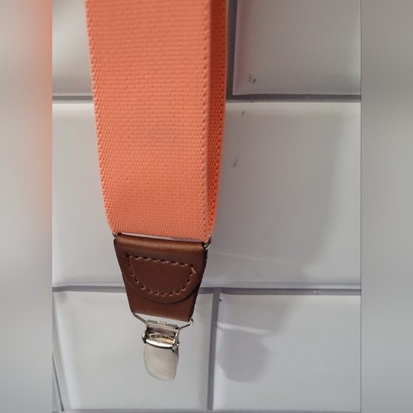 Mens Nylon Stretch Suspenders Braces Color Peach Melon Silver Faux Brown Leather - Picture 4 of 5